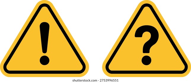 Warning and question signs displayed on yellow triangular backgrounds Vector