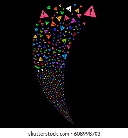 Warning random fireworks stream. Vector illustration style is flat bright multicolored iconic symbols on a black background. Object fountain constructed from scattered pictograms.