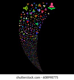 Warning random fireworks stream. Vector illustration style is flat bright multicolored iconic symbols on a black background. Object fountain created from scattered icons.