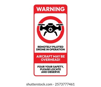 Warning! Remotely Piloted Drone in Operation. Aircraft May Be Overhead. For Your Safety, Please Locate and Observe Sign, High-Quality Vector Image for Safety Awareness and Public Notification