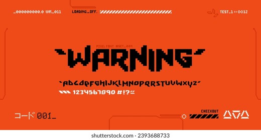 Warning - retro pixel font in 90s style. Cyberpunk style font type. Vector futuristic digital 8-bit elements. Futuristic lettering. Sci-Fi HUD Font Alphabet 