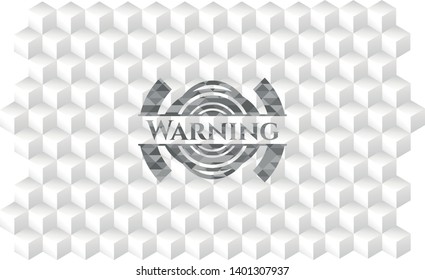 Warning retro style grey emblem with geometric cube white background
