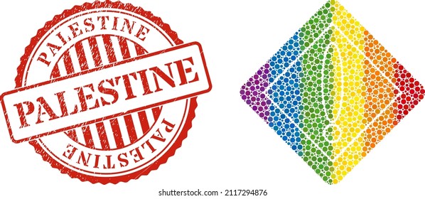 Warning rhombus collage icon of spheric blots in various sizes and spectrum multicolored color tones. Red round distress seal stamp with Palestine message.