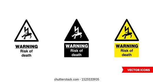 Warning risk of death icon of 3 types: color, black and white, outline. Isolated vector sign symbol.
