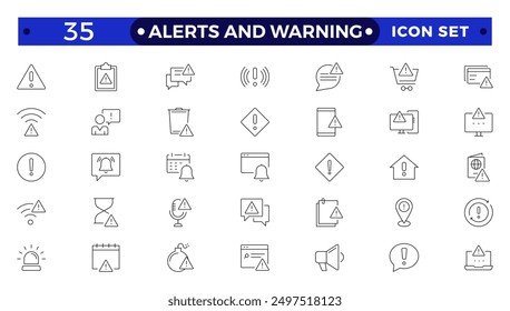 Warning and risk. Set of line icons in linear style. Warning exclamation mark, attention, danger, notice, stop. Alerts and Warning outline icon collection. 
