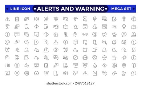 Warning and risk. Set of line icons in linear style. Warning exclamation mark, attention, danger, notice, stop. Alerts and Warning outline icon collection. 
