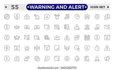 Warning and risk. Set of line icons in linear style. Warning exclamation mark, attention, danger, notice, stop. Alerts and Warning outline icon collection.
