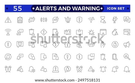 Warning and risk. Set of line icons in linear style. Warning exclamation mark, attention, danger, notice, stop. Alerts and Warning outline icon collection. 
