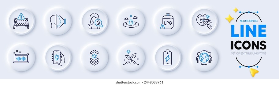 Warning road, Fishing float and Shoulder strap line icons for web app. Pack of Gas cylinder, Moisturizing cream, Music making pictogram icons. Battery charging, Electric app, Grow plant signs. Vector