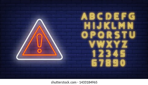 Warning road neon sign. Glowing illustration of triangle road sign with exclamation mark on blue brick background. Can be used for roads, road work, warnings