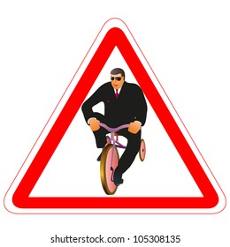 Warning road sign with businessman and little bike