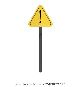 Warning road sign with exclamation mark on a metal pole isolated on white, vertical photo