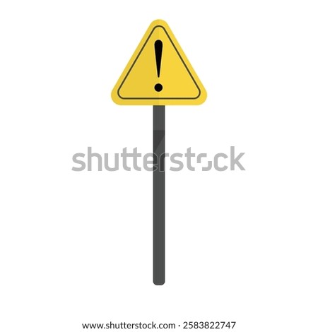 Warning road sign with exclamation mark on a metal pole isolated on white, vertical photo