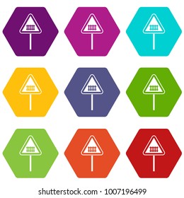 Warning road sign icon set many color hexahedron isolated on white vector illustration