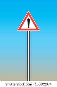 Warning road sign on the sky background
