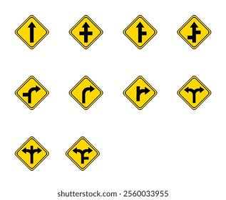 warning road sign on a yellow and black board in the shape of a rhombus. forked road, dead end, straight road, turning road.