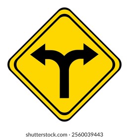 warning road sign on a yellow and black board in the shape of a rhombus. the road forks.