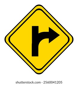 warning road sign on a yellow and black board in the shape of a rhombus. the road turn or curve with a dead end if straight.