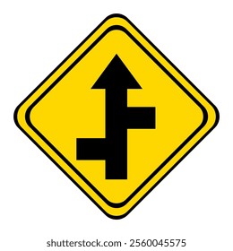 warning road sign on a yellow and black board in the shape of a rhombus. the road straight with a two dead ends.