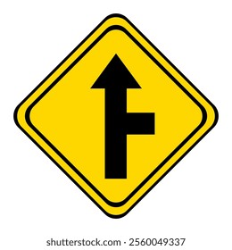 warning road sign on a yellow and black board in the shape of a rhombus. the road straight with a dead end.