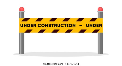 Warning road sign. Orange barrier. Construction works, closed road under construction. Isolated vector illustration in cartoon style