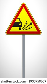 warning road sign throwing stone materials. triangular sign on a metal pole. traffic rules and safe driving. vector illustration.