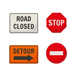Warning Road Signs, Closed Road, Detour And Stop Sign - Flat Vector Illustration Isolated On White Background. Set Of Metal Sign Boards For Safety Traffic. Roadsign Forbidding Driving.