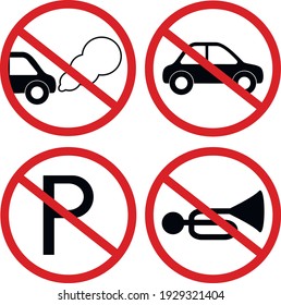 Warning road signs: no idling, no parking, no honking, no car