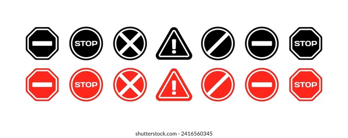 Warning road signs. Stop road board. Silhouette and flat style. Vector icons