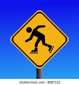 Warning rollerbladers ahead sign on blue illustration