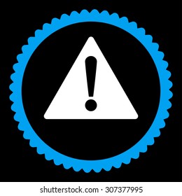 Warning round stamp icon. This flat vector symbol is drawn with blue and white colors on a black background.