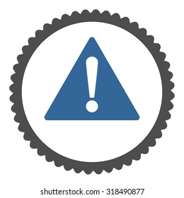 Warning round stamp icon. This flat vector symbol is drawn with cobalt and gray colors on a white background.