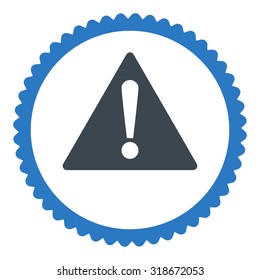 Warning round stamp icon. This flat vector symbol is drawn with smooth blue colors on a white background.
