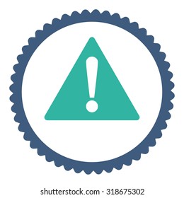 Warning round stamp icon. This flat vector symbol is drawn with cobalt and cyan colors on a white background.