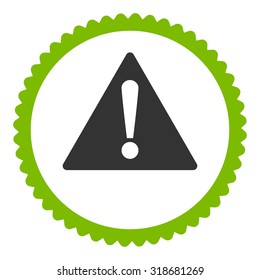 Warning round stamp icon. This flat vector symbol is drawn with eco green and gray colors on a white background.