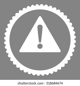 Warning round stamp icon. This flat vector symbol is drawn with white color on a gray background.