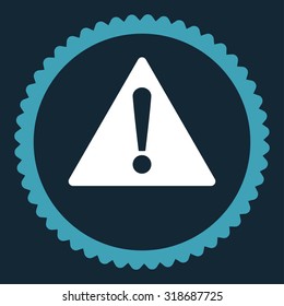 Warning round stamp icon. This flat vector symbol is drawn with blue and white colors on a dark blue background.