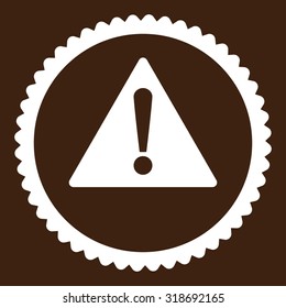 Warning round stamp icon. This flat vector symbol is drawn with white color on a brown background.