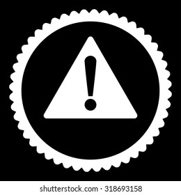 Warning round stamp icon. This flat vector symbol is drawn with white color on a black background.