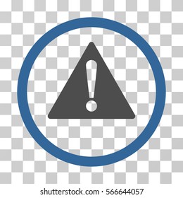 Warning rounded icon. Vector illustration style is flat iconic bicolor symbol inside a circle, cobalt and gray colors, transparent background. Designed for web and software interfaces.