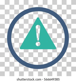 Warning rounded icon. Vector illustration style is flat iconic bicolor symbol inside a circle, cobalt and cyan colors, transparent background. Designed for web and software interfaces.