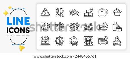 Warning, Search flight and Air balloon line icons set for app include Wholesale goods, Baggage, Car charging outline thin icon. Food delivery, Online storage, Handbag size pictogram icon. Vector