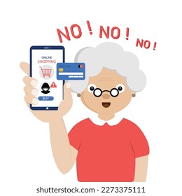 Warning senior people. Hacker stealing money cybercrime from smartphone Online Shopping app.