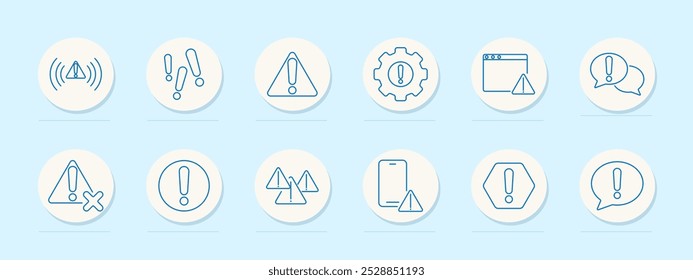 Warning set icon. Alert waves, double exclamation marks, warning triangle, gear, browser, speech bubbles, crossed, triangular signs, phone alert, hexagon .