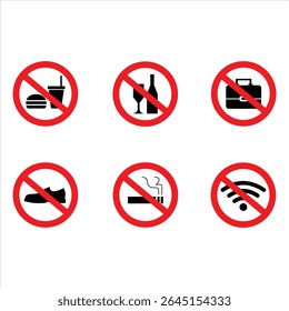 Warning set icon no food, no drink, no internet, no smoking	