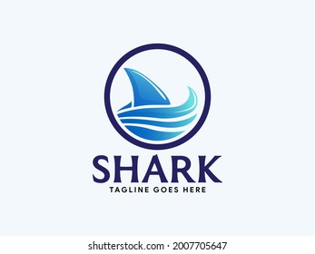 Warning Shark memorial logo template with Blue Fin illustration on Ocean Waves.