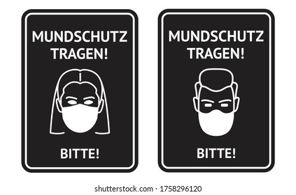 Protector de advertencia en alemán sobre el uso de máscara protectora durante la pandemia del virus de la corona. ¡Mundschutz tragen! ¡Bitte! ¡Por favor, use máscara facial! Adecuado para cafés, tiendas, escuelas.