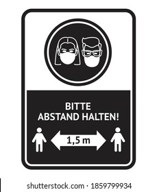 Warning shield in German about wearing protective face mask and keeping social distance during corona virus pandemic outbreak. Suitable for cafes, stores, barbershops.