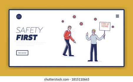 Warning for sick people with covid-19 symptoms landing page with self isolation and stay home concept. Coronavirus danger and health care template. Linear vector illustration