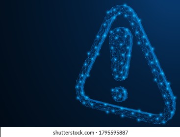 Warning sign. 3D exclamation mark symbol in a triangle. Low-poly construction. Blue background.